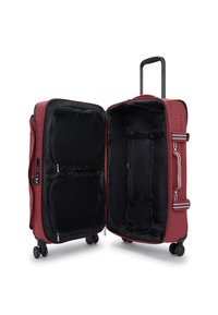 Red wheeled suitcase with a textured exterior, zippered compartments, mesh pockets, and a retractable handle; fully open, revealing black interior.