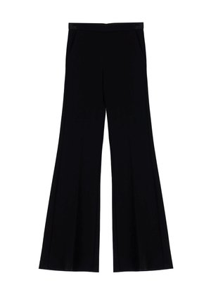 Pantaloni neri a gamba larga realizzati in tessuto leggero, con un colore uniforme, tasche laterali e una vita piatta. Nessun motivo o accessorio visibile.