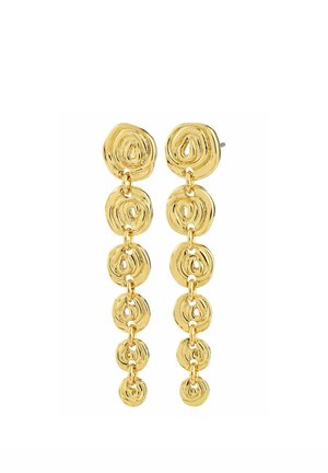 Zelta toņa auskari ar spirālveida dizainu, kas sastāv no vairākiem savstarpēji savienotiem apļveida elementiem, ar pulētu virsmu un dažādiem izmēriem.
