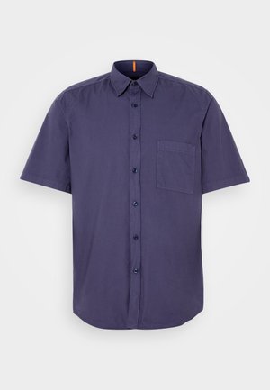 Short-sleeve, navy blue button-up shirt made of cotton, featuring a chest pocket and a curved hem. Has dark buttons and a collar.