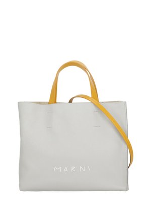 Borsa tote in pelle grigia con manici gialli e tracolla, con logo "Marni" bianco sul davanti.