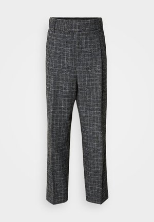 Pantalons en tissu gris texturé avec un motif à carreaux, dotés d'une taille haute et de jambes larges et droites.