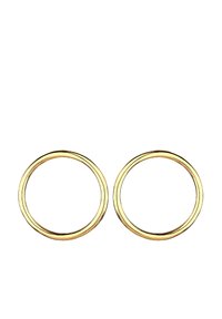 Guldfarvede metalhoops øreringe med en glat, skinnende overflade og et enkelt cirkulært design. Hver hoop er tynd og ensartet i bredde.