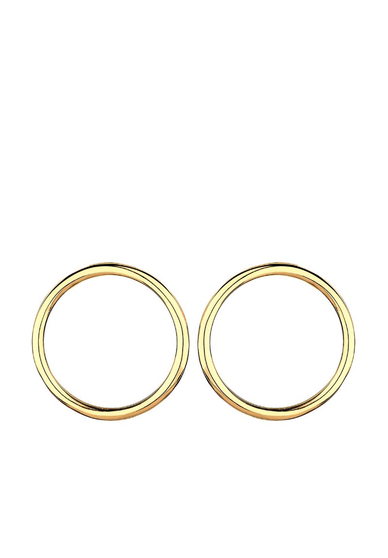 Guldfarvede metalhoops øreringe med en glat, skinnende overflade og et enkelt cirkulært design. Hver hoop er tynd og ensartet i bredde.