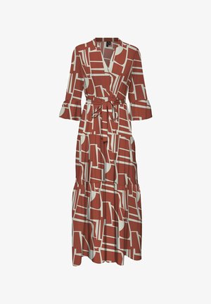 Maxi kjole i rust med cremefarvet geometrisk mønster, indpakningsdesign, flagrende ærmer, bæltestrop i taljen og tiered nederdel. Letvægtsstof.