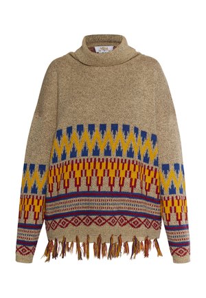 Beige Strickpullover mit hohem Kragen, der geometrische Muster in Blau, Gelb und Rot zeigt. Fransen am Saum sorgen für Textur und Detail.