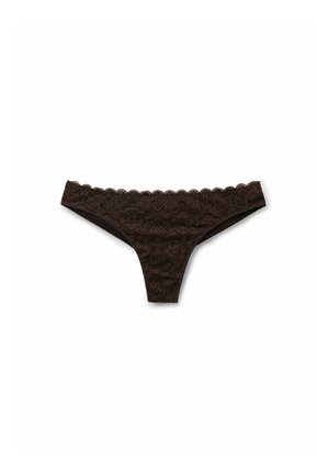 Bruine kantstring met een golvende rand en bloemmotief, gemaakt van een zachte stof voor comfort. Lichtgewicht en fijn uitgevoerd.