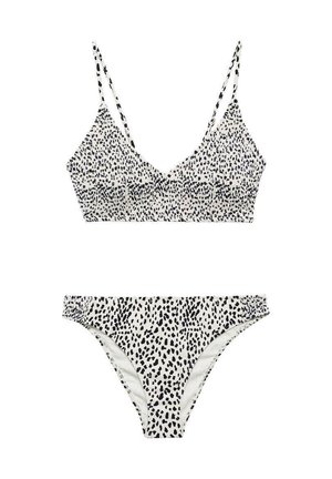 Černobílé bikiny s tečkovaným vzorem, vyrobené z elastického materiálu. Top má tenké nastavitelné ramínka a nařasený design.