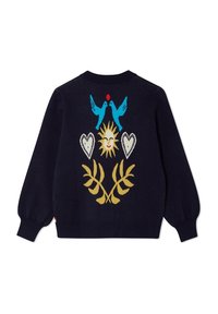 Marinblå stickad kofta med en färgglad grafik på baksidan: blå fåglar, sol, hjärtan och löv i gult och rött. Ribbad ärm- och nederkant.