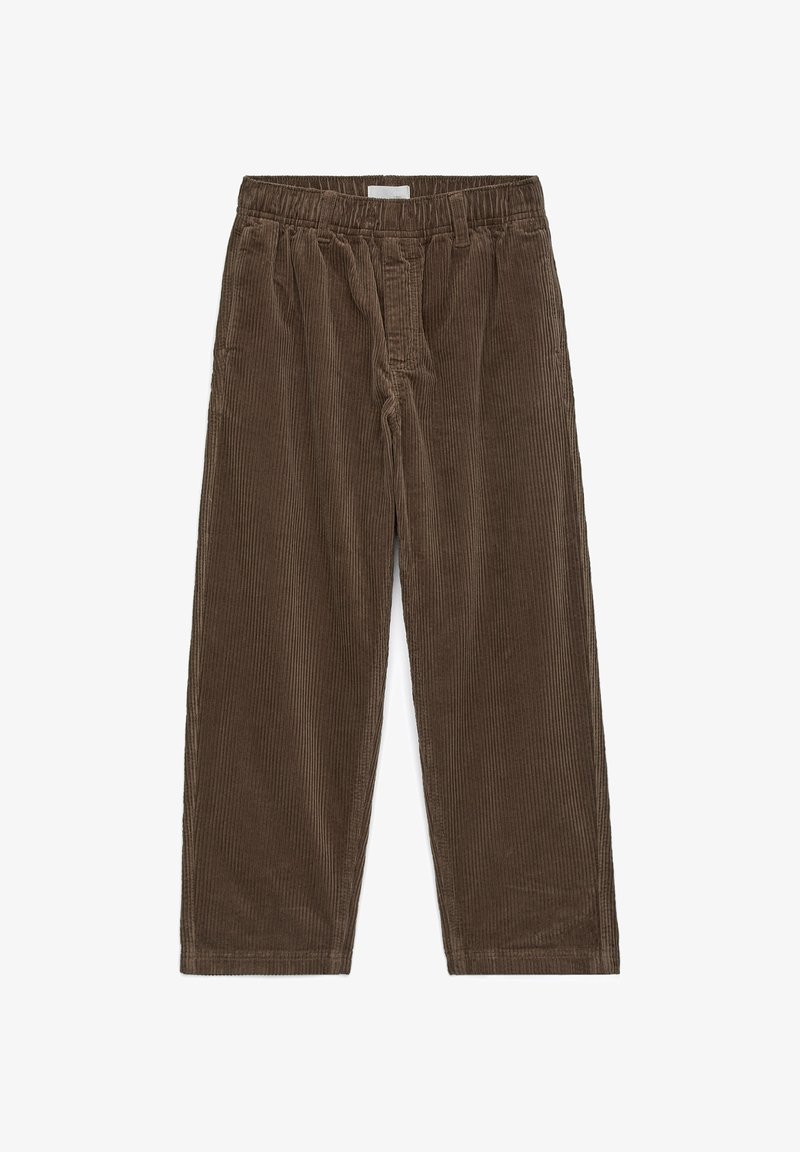 Pantalon large en velours côtelé marron avec taille élastique et poches latérales, présenté à plat sur fond blanc.