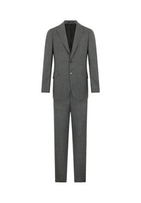 Grau karierten Anzug mit einem Ein-Knopf-Blazer, Reverskragen und schmal zulaufenden Hosen. Hergestellt aus texturiertem Stoff mit dezenten Mustern.