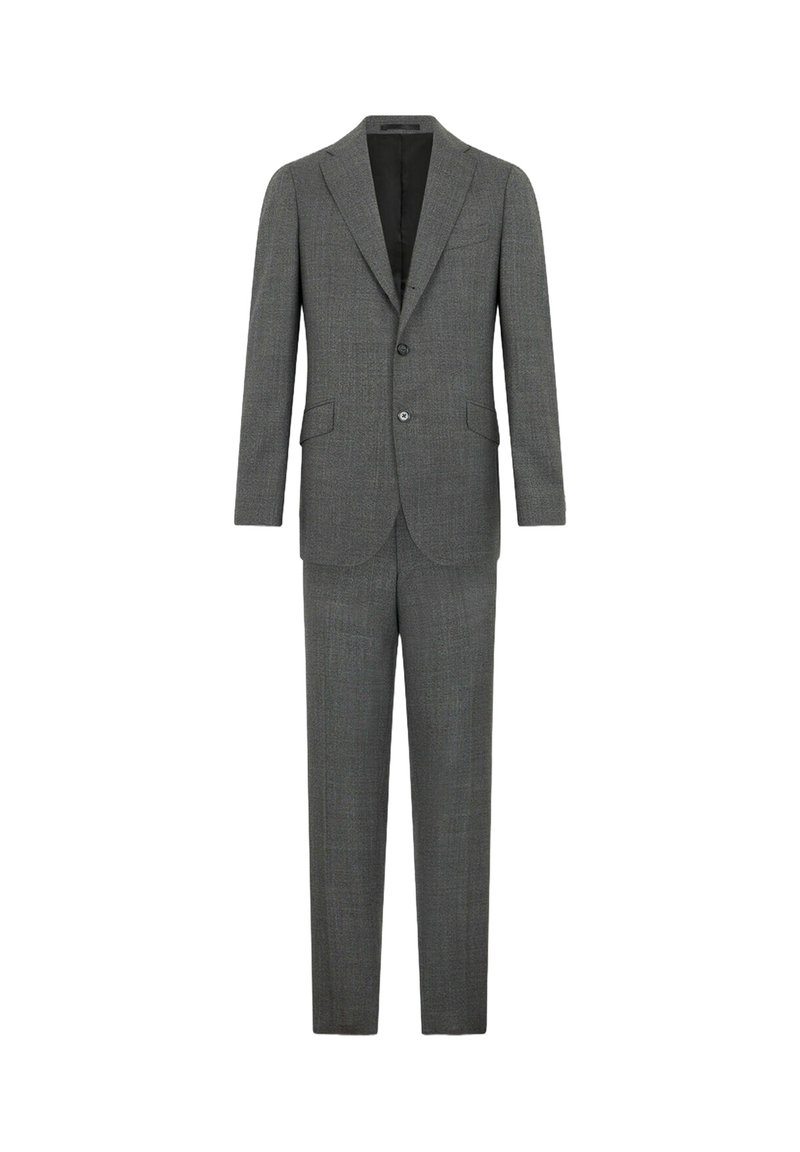 Grau karierten Anzug mit einem Ein-Knopf-Blazer, Reverskragen und schmal zulaufenden Hosen. Hergestellt aus texturiertem Stoff mit dezenten Mustern.