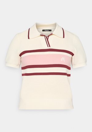 Polo shirt a maglia in crema con maniche corte, caratterizzato da strisce orizzontali color bordeaux e rosa e un piccolo logo. Collo classico con bordi a contrasto.