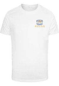 Weißes T-Shirt mit kurzen Ärmeln, das eine blaue Schüssel mit einem lächelnden Gesicht zeigt und darunter in Gelb den japanischen Text "幸せになる".