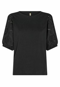 Czarny t-shirt z okrągłym dekoltem i krótkimi bufkowatymi rękawami, zdobiony misternymi wycięciami typu eyelet na rękawach. Miękka tekstura tkaniny.