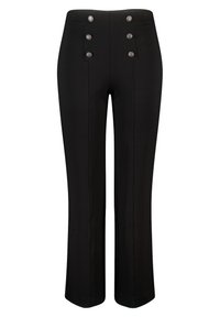 Zwarte high-waist taillepantalon met zes zilveren decoratieve knopen die in twee verticale rijen zijn gerangschikt op de voorkant van de tailleband.