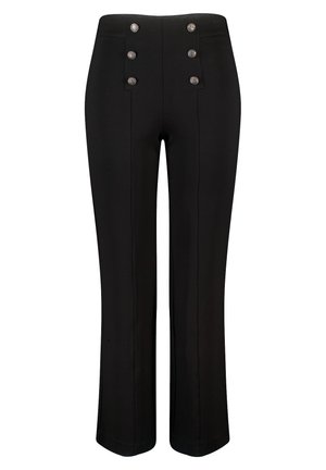 Zwarte high-waist taillepantalon met zes zilveren decoratieve knopen die in twee verticale rijen zijn gerangschikt op de voorkant van de tailleband.