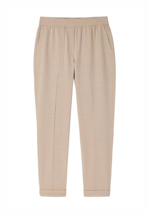 Beige elastic-waist pants with two side pockets, straight cut, and subtle texture. Features cropped hem and stitched detailing.