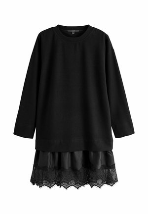 Vestido negro de manga larga con escote redondo y detalle en el dobladillo de satén con encaje.