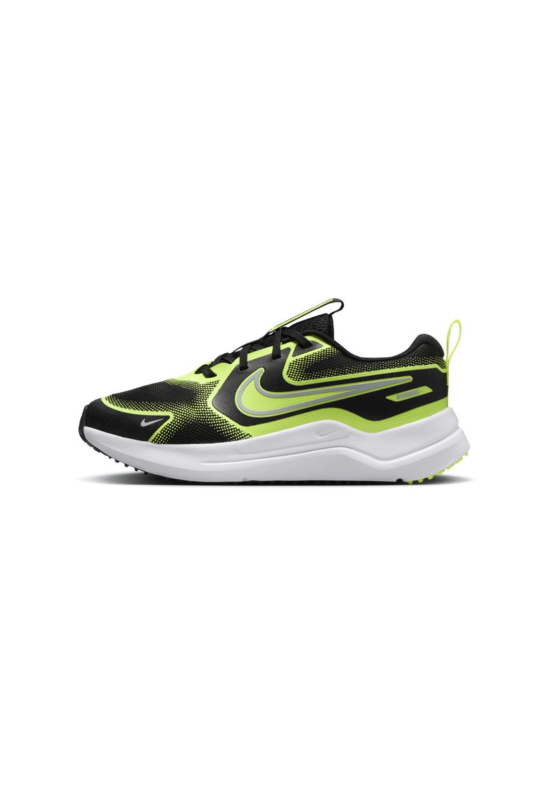 Black and neon yellow athletic shoes with a mesh upper, rubber sole, and distinctive Nike swoosh logo. Reinforced heel and laces included.