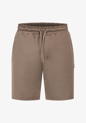 Bruine shorts met elastische tailleband, verstelbaar trekkoord en zijzakken, gemaakt van zacht materiaal met een gladde textuur en een strakke snit.