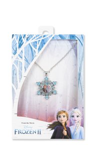 Collana di Frozen II con un ciondolo circolare con una foto, circondato da un design di fiocchi di neve in argento e azzurro chiaro, su una catena.