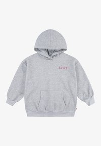 Felpa grigia con cappuccio, maniche lunghe e tasca frontale a canguro. Presenta il logo rosso "LEVI'S" sul lato sinistro del petto. Tessuto misto cotone.