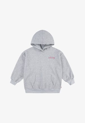 Felpa grigia con cappuccio, maniche lunghe e tasca frontale a canguro. Presenta il logo rosso "LEVI'S" sul lato sinistro del petto. Tessuto misto cotone.