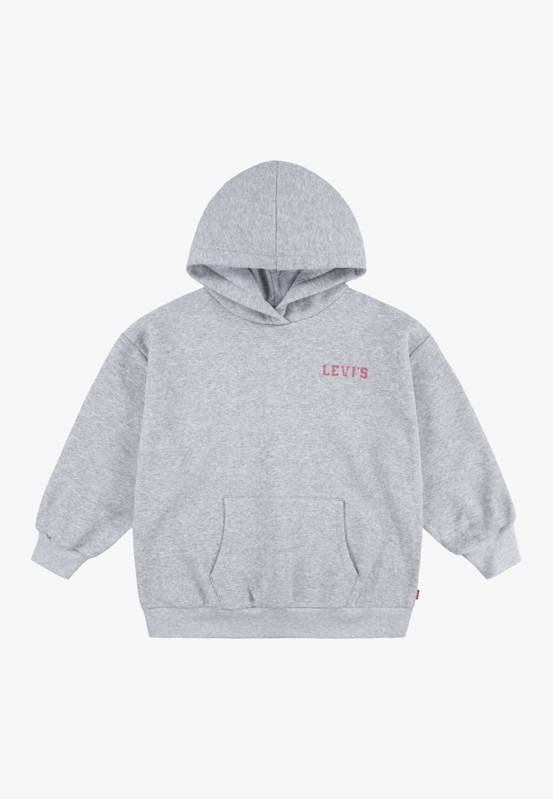 Felpa grigia con cappuccio, maniche lunghe e tasca frontale a canguro. Presenta il logo rosso "LEVI'S" sul lato sinistro del petto. Tessuto misto cotone.