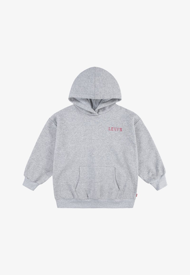 Sudadera gris con capucha, mangas largas y un bolsillo canguro en la parte frontal. Presenta el logotipo rojo "LEVI'S" en el lado izquierdo del pecho. Tejido de mezcla de algodón.