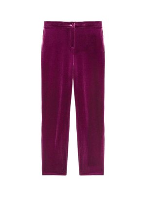 Fluwelen broek in levendig magenta, met een rechte pijp, voorzien van een platte tailleband met knoopsluiting en zijzakken. Zachte textuur.