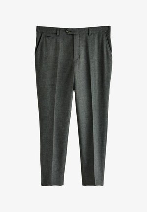 Pantaloni grigi su misura con un motivo a sottile scacchi, pieghe frontali, tasche laterali e chiusura con un singolo bottone in vita.