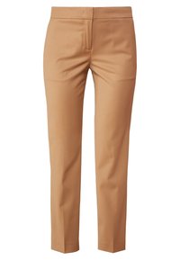 Slim-fit, högmidjade byxor för kvinnor i kamelfärg med frontdragkedja och raka ben.