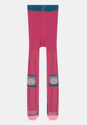 Fuchsian Strumpfhosen mit türkisfarbener Taillierung. Enthält gemusterte Abschnitte mit Punkten und Quadraten in Pink, Türkis und Grau. Glatte Textur.