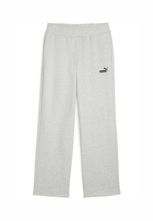 Grijze joggingbroek met een elastische tailleband, voorzien van zijzakken en een klein zwart Puma-logo op het linkerbeen. Zachte, gestructureerde stof.