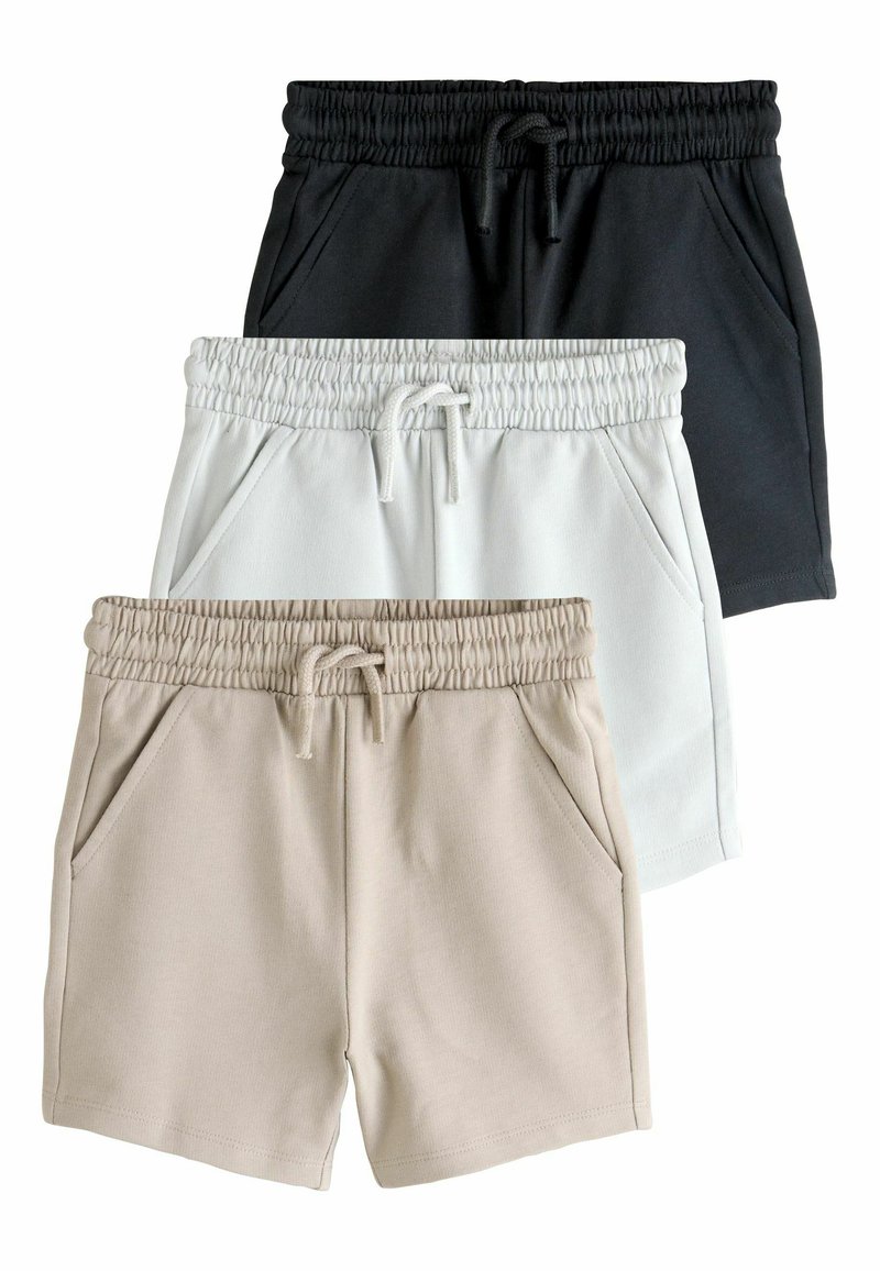 Drei Shorts in Schwarz, Weiß und Beige. Jede hat einen elastischen Bund, einen Kordelzug und Seitentaschen. Weiche Stoffstruktur.
