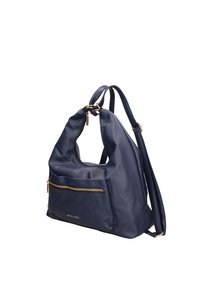 Borsa in pelle blu navy con un design morbido, dettagli in metallo dorato, tasca frontale con zip e spallacci regolabili per versatilità.