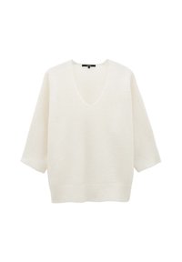 Weißer Pullover mit tiefem V-Ausschnitt, kurzen weiten Ärmeln und geripptem Saum. Hergestellt aus weichem, strukturiertem Material.