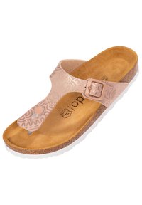 Rosa mönstrad sandal med korkfotbädd, justerbar rem och vit sula. Har en tårpost och en dekorativ spänne.