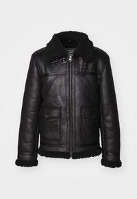 Black leather jacket with a fuzzy collar, zipper closure, and two front pockets. Features decorative hardware and stitching details.