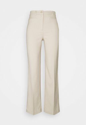 Beżowe spodnie z wysokim stanem i prostymi nogawkami, z zapięciem na guzik i suwak z przodu oraz dwoma poziomymi kieszeniami z przodu.