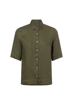 Korte mouwen, olijfgroen linnen overhemd met een knoopsluiting, heeft een klassieke kraag en zes bruine knopen in het midden. Gestructureerde stof.