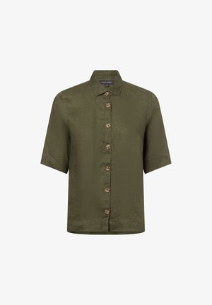 Short-sleeve, olive green linen shirt with a button front, features a classic collar and six brown buttons down the center. Textured fabric.
