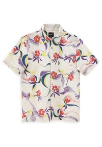 Koszula z krótkim rękawem zapinana na guziki w jasnym kremowym kolorze, z żywym wzorem kwiatowym i abstrakcyjnym w odcieniach czerwieni, żółci, zieleni i fioletu.