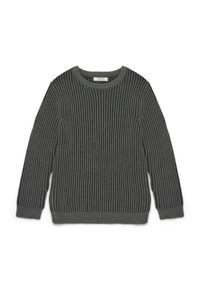 Pullover a coste grigio scuro con collo rotondo e maniche lunghe. Il tessuto ha una superficie texturizzata e polsini e orlo aderenti.