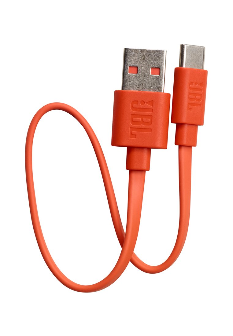 Câble de charge USB court orange vers USB-C, avec le logo JBL sur les deux extrémités des connecteurs.