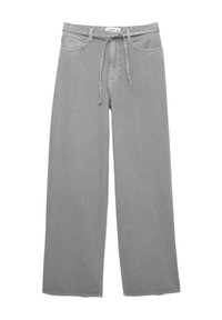 Jean gris à jambes larges en denim, doté d'une taille avec cordon de serrage, d'un design classique à cinq poches et d'une coupe droite avec une texture subtile.