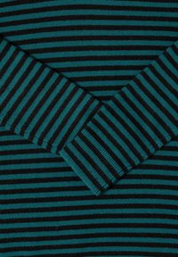 Pruhovaný svetr se střídajícími se černými a tyrkysovými pruhy. Materiál je měkký s pletenou texturou. Má dlouhé rukávy s žebrovanými manžetami.