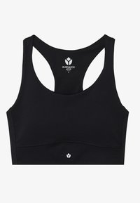 Svart sports-BH med racerback-design. Laget av elastisk stoff, har en jevn tekstur og en liten hvit logo på baksiden.