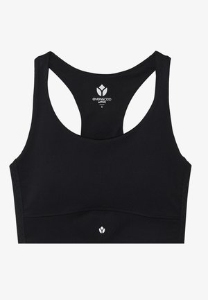 Black sports bra with a racerback design. Made from stretchy fabric, featuring a smooth texture and a small white logo on the back.